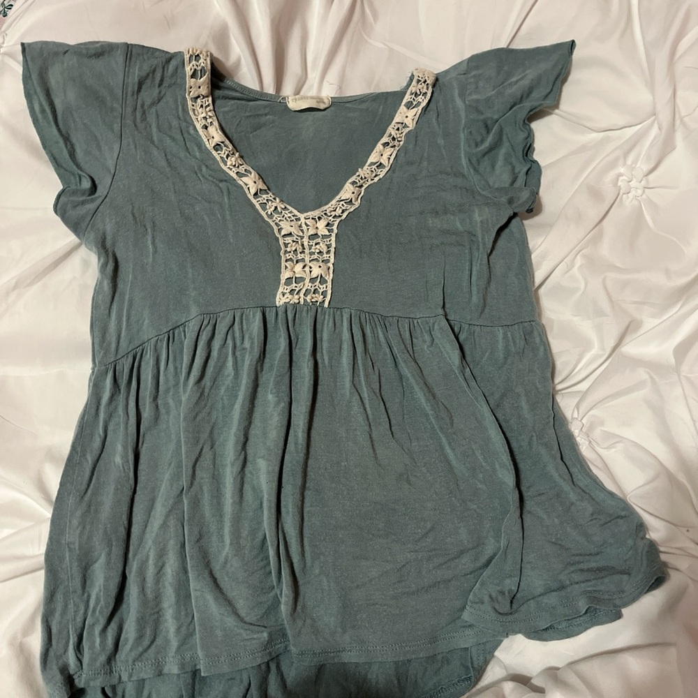 Twenty Second Teal Blouse with Cream Lace Accent